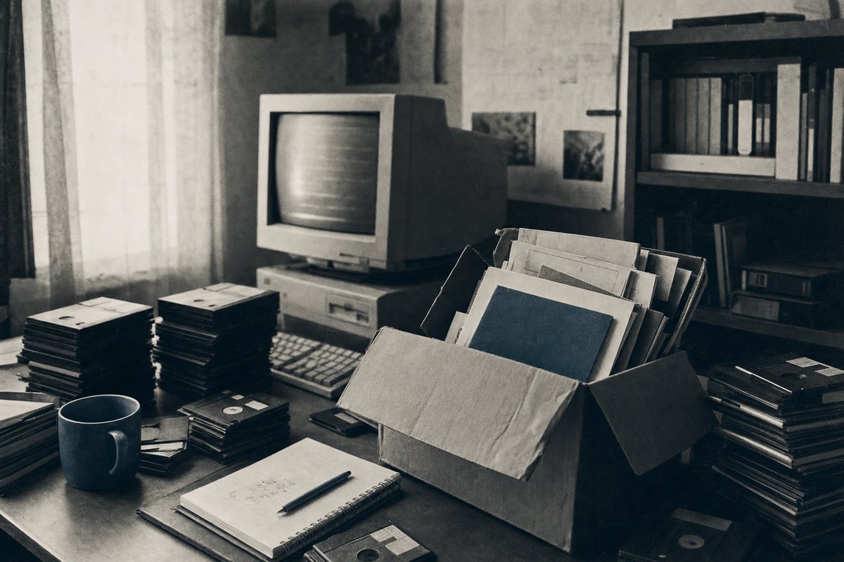 A home archivist's desk with stacked floppy disks and a glowing CRT monitor, representing this classic PC games archive.