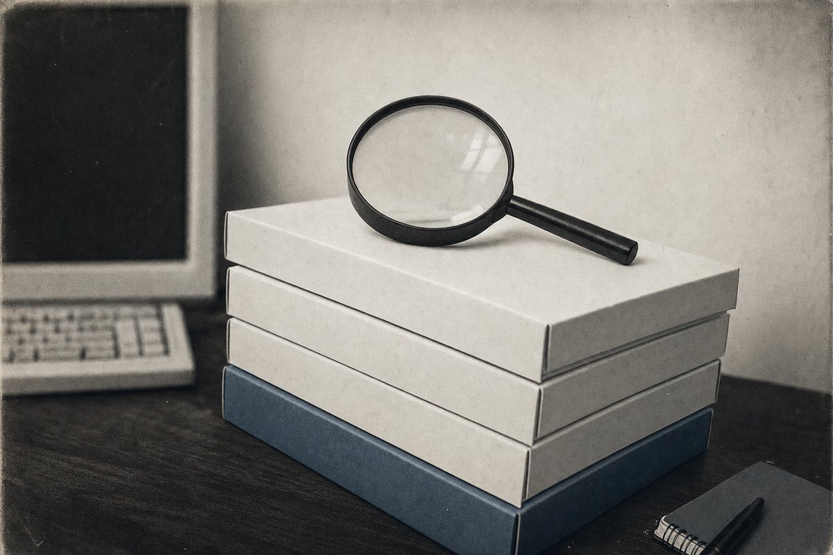 A magnifying glass resting on a stack of plain, unmarked software boxes on a wooden desk.